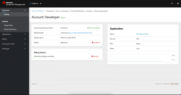 The Application menu is available on the Account Developer page.