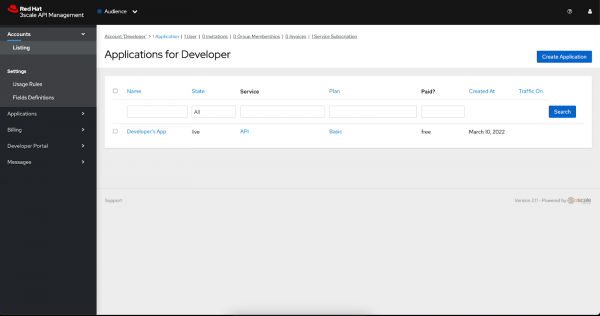 The Create Application button is on the Applications for Developer page.