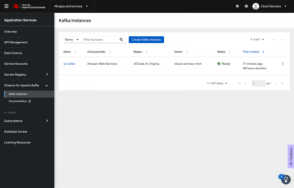 When your Kafka instance is ready for use, you see its status and other information on the dashboard.