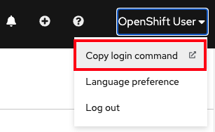 Screenshot of the username dropdown menu on OpenShift Cloud Manager with a red outline around the first option, “Copy login command”
