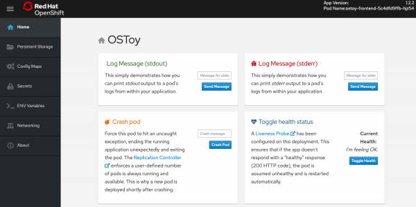 Screenshot of OSToy page on Red Hat OpenShift console user interface displaying pod and log message options for your application. 
