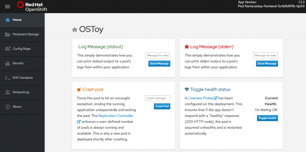 Screenshot of OSToy page on Red Hat OpenShift console user interface displaying pod and log message options for your application.