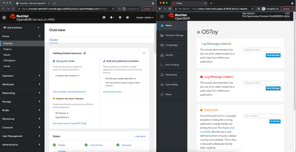 OpenShift Web UI and OSToy interfaces split-screened