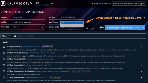 Quarkus code generator for Java 17