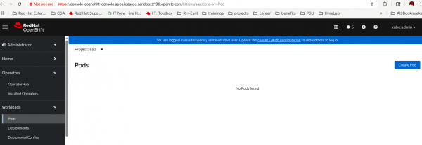 A view of OpenShift Container Platform showing the user navigating to Workloads -> Pods then clicking the plus sign to import YAML.