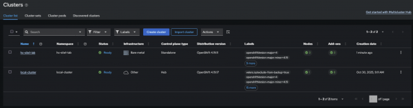 Screenshot showing the imported MCE cluster in ACM hub.