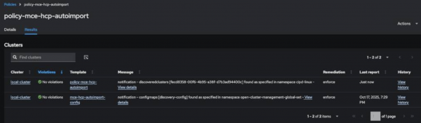 Screenshot of MCE HCP Autoimport policy results in ACM hub