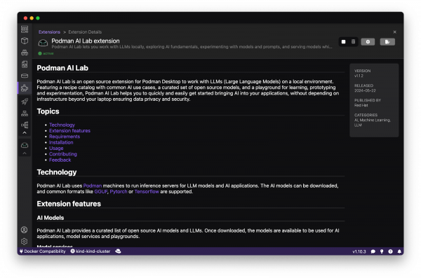 Podman AI Lab extension view