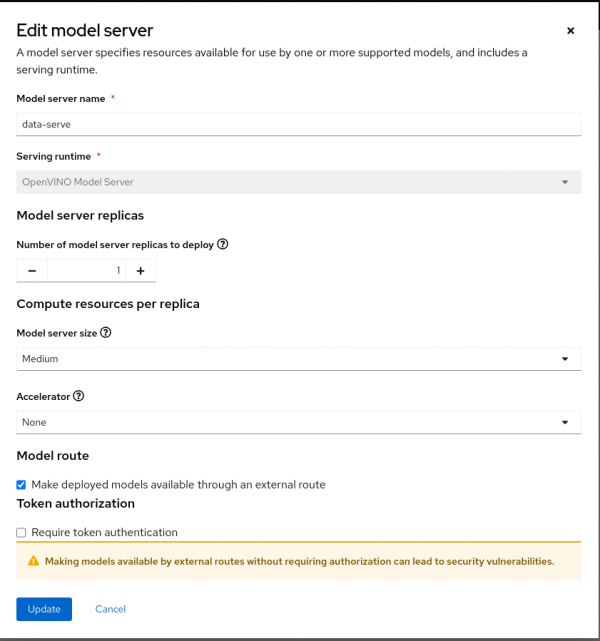 Create a model server based on the sizing and resource requirements of the model.