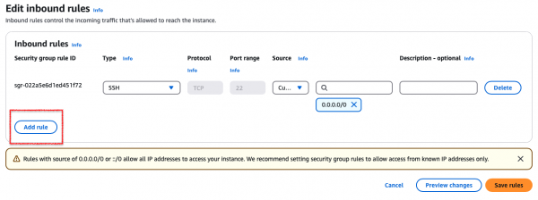 Selecting “Add rule” to add a new rule to the security group.