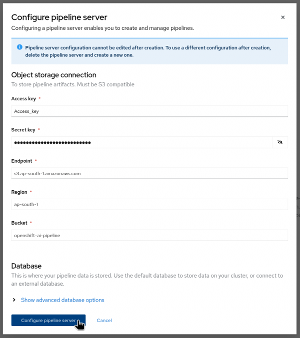 Filling details of AWS S3 for Pipeline Server