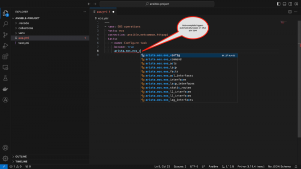 Example of VS Code auto-completion via Ansible VS Code extension.