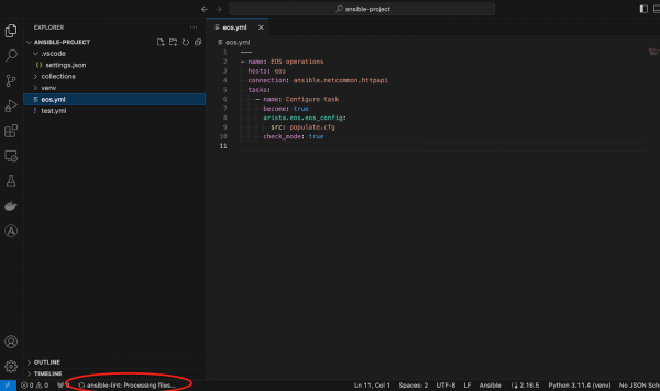 Figure shows ansible-lint processing the saved Ansible file.