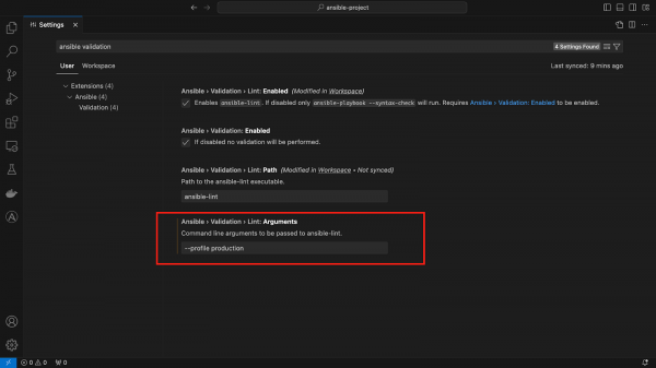 Figure shows how to pass arguments for ansible-lint in VS Code extension.