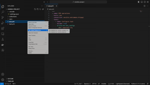 Figure shows how to run Ansible playbook in the VS Code extension.