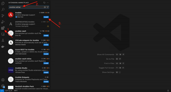 Search Ansible Red Hat on VS Code marketplace.
