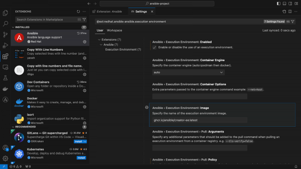 Type ansible.execution.environment in the settings of VS Code