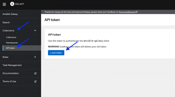 Figure shows API token screen within Ansible Galaxy.