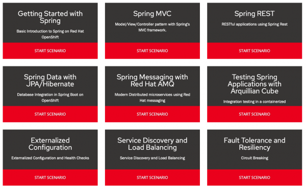 A screenshot showing nine interactive learning modules on the Red Hat Interactive Courses homepage.