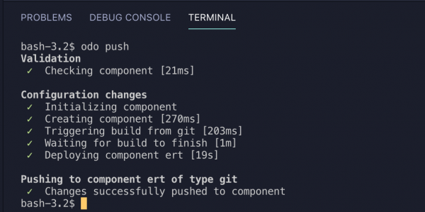 The push command's progress streamed in the integrated terminal view.
