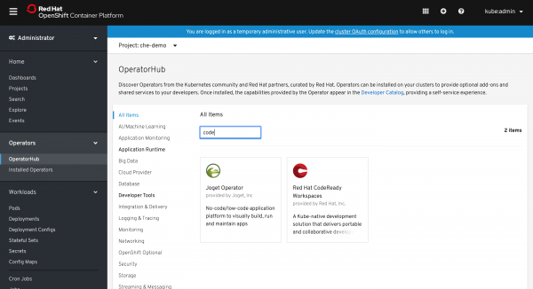 A screenshot of CodeReady Workspaces Operator stored in the OpenShift Operator Hub.