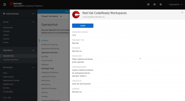 A screenshot of the option to install the CodeReady Workspaces Operator.