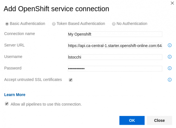Using basic authentication with an OpenShift service connection