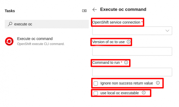 Fill out this dialog to execute an oc command