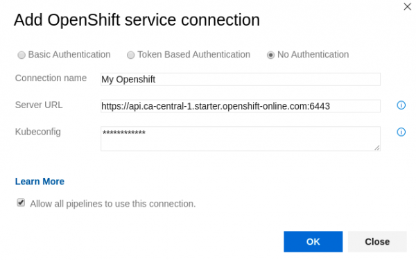 Using kubeconfig authentication with an OpenShift service connection