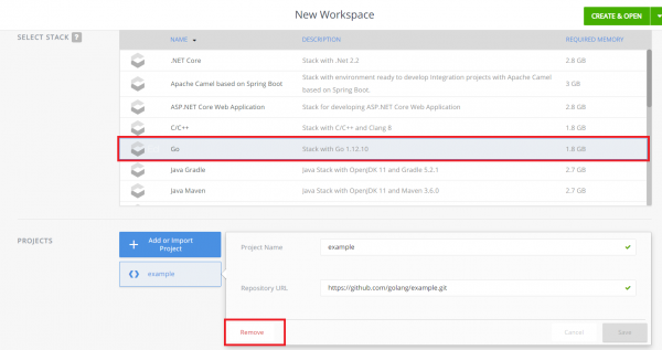 Select the Go workspace and remove the example project.