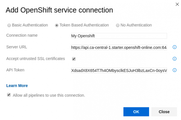 Using token authentication with an OpenShift service connection