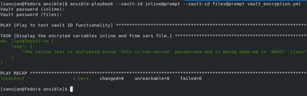 The result of running ansible-playbook --vault-id inline@prompt --vault-id files@prompt vault_encryption.yml.