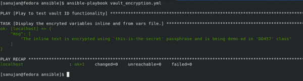 The results of running ansible-playbook vault_encryption.yml.