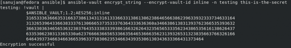 The results of running ansible-vault encrypt_string --encrypt-vault-id inline -n testing this-is-the-secret