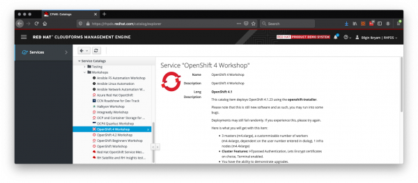 In the RHPDS, go to Services and select OpenShift 4 Workshop