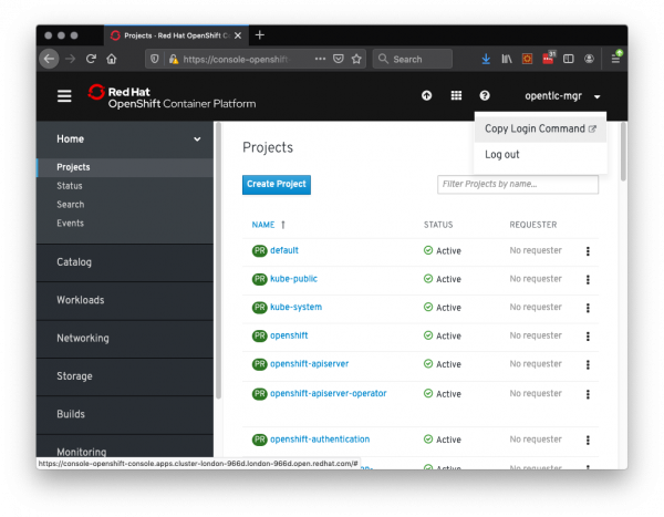 The OpenShift Projects page.