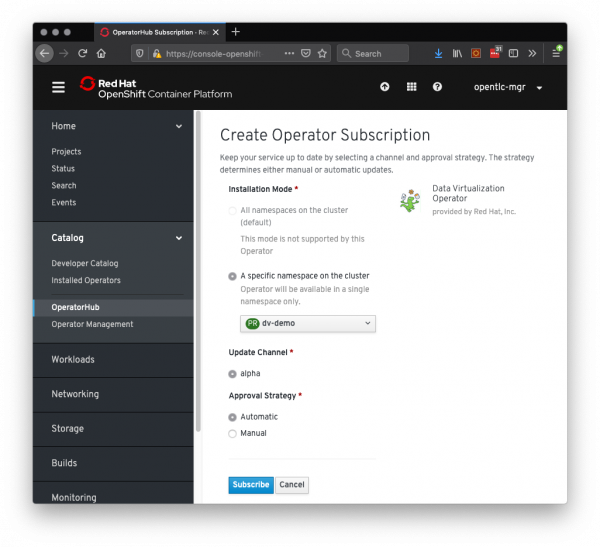 The Create Operator Subscription dialog box.