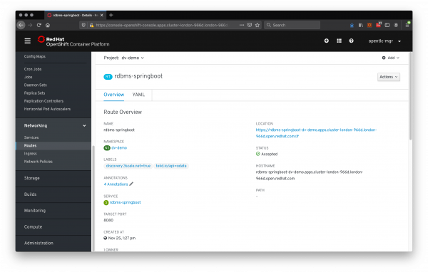 The rdbms-springboot route in the OpenShift interface.