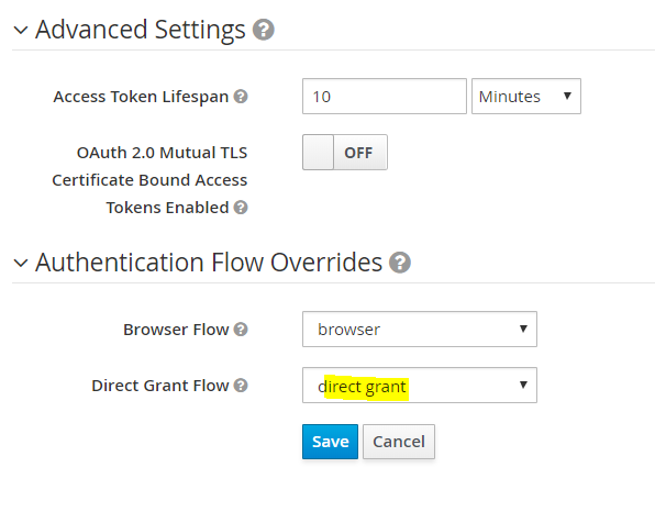 The Keycloak client Advanced Settings and Authentication Flow Overrides dialog box.