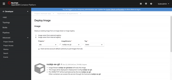 The OpenShift Deploy Image screen with an internal registry selected and defined.