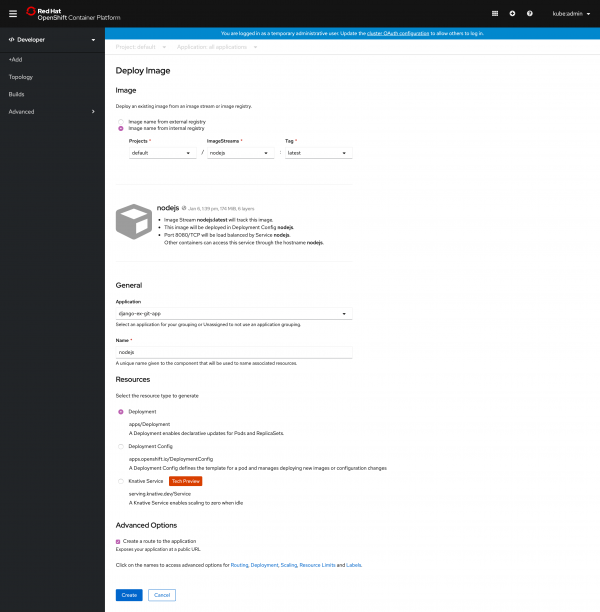 The OpenShift Deploy Image screen with an internal registry selected.