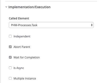 The jBPM Implementation/Execution section's called element setup.