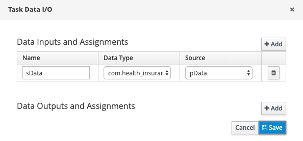 jBPM Data Inputs and Assignments section.