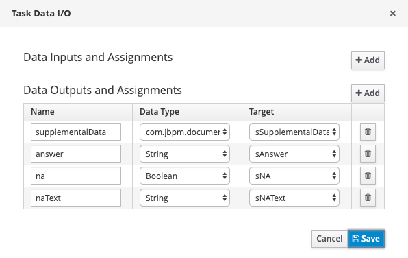 JBPM Data Outputs and Assignments section filled in for this task.