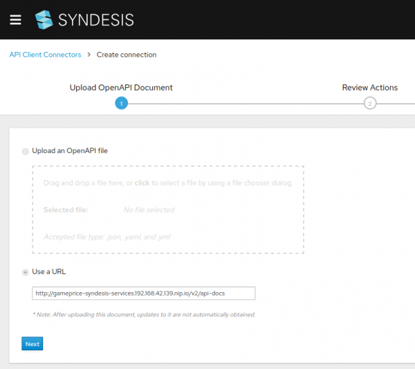 A screenshot of the OpenAPI endpoint screen in Syndesis.