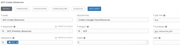 gcp_job_template A screenshot of the configuration for the playbook inventory and project.