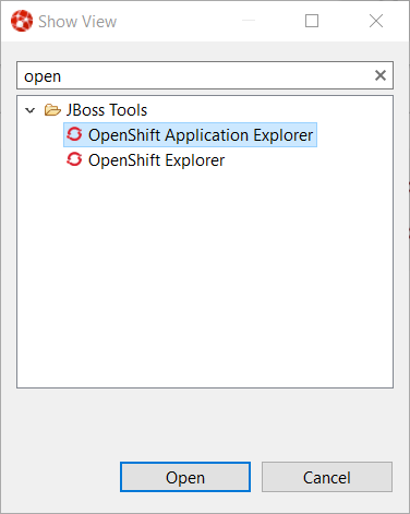 A screenshot of the JBoss Tools drop-down list with the option to select OpenShift Application Explorer.