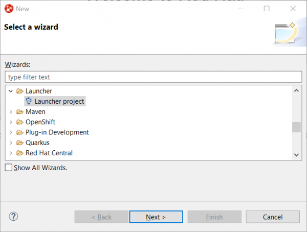 A screenshot showing the Launcher project wizard selected in a drop-down list.