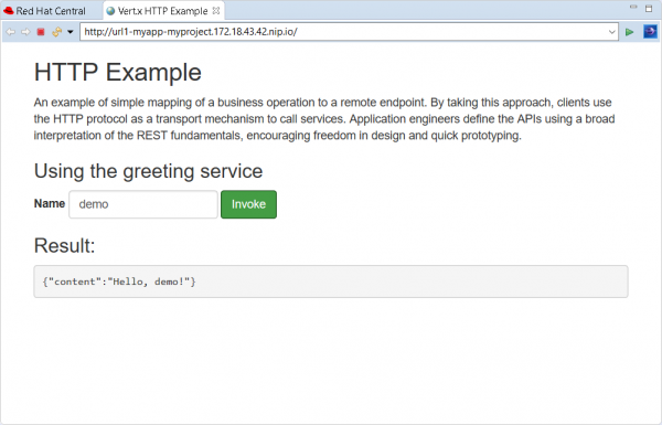 A screenshot of the new service after clicking the 'Invoke' button. The screen shows the output 'Hello, demo!'