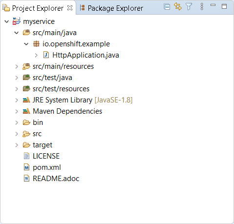 A screenshot of the Project Explorer view showing the HttpApplication.java file in the project directory.
